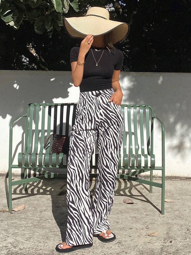 Vacation Beach Straight Leg Casual Pants, Striped Zebra Print Form-Fitting Sexy Women Long Trousers