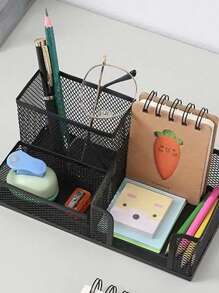 1 Pack Desk Organizer Desktop Mesh Pen Pencil Holder Caddy With 4 Compartments, Office Home School Classroom Accessories Cool Supplies Black Back To School