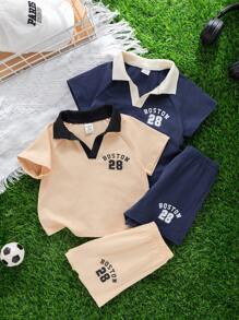 SHEIN Leap Crew 4 件套男婴可爱休闲运动字母印花撞色短袖 Polo 衫和短裤套装，适合夏季 - 彩色 - 查看 8