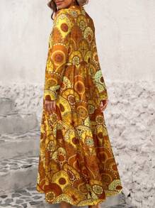 SHEIN LUNE Tie-Front Neck Loose Fit Printed Dress Maxi Women Outfit