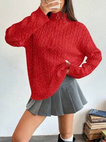 Chiquease Women's Retro Design Funnel Neck Zipper Soft Fluffy Sweater, Casual Plated Knit Pullover, Autumn/Winter Knit Pullover Fall Sweater - Red - View 6