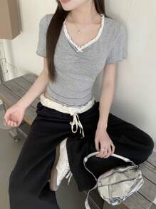 DAZY Women V-Neck Lace Patchwork Short Sleeve Simple T-Shirt, Casual For Daily Wear,Crop Tops Women - Grey - View 2