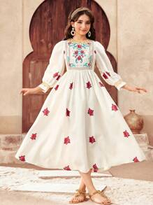 SHEIN Teen Girls Eid Al-Adha Founding Day Ramadan Holiday Dress With Tulle Dress, Viscose Rose & Golden Sequin Trim