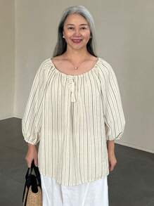 DAZY Blus Pullover Longgar Lengan Lentera Bergaris Vintage Kasual Artistik Serbaguna untuk Wanita - Biru - View 5