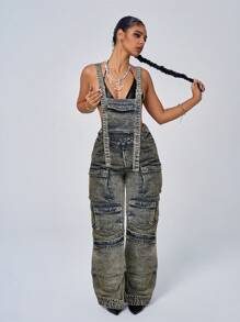 SHEIN ICON Solid Color Sleeveless Denim Overalls With Pockets And Thick Straps - Dark Wash - View 1