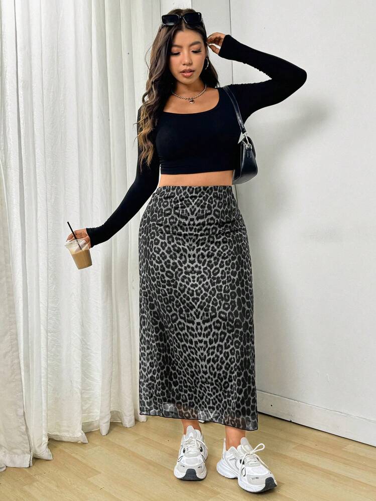 Solflare Plus Size Monochrome Leopard Print Skirt | SHEIN