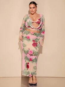 SHEIN BAE Plus Size Women 2 Pieces Set, Loose Floral Print Top, Elegant Print Outfit, Bodycon Long Floral Print Skirt, Suitable For Valentine's Day, Carnival, Beach, Vacation, Back To School, Tops, Bottoms, Spring/Summer - Multicolor - View 3