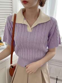 DAZY 女士拼色扭纹针织短袖修身短款上衣，紫色，春夏 - 紫色 - 查看 4