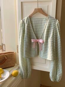 Comfortcana 女式格子长袖前结休闲宽松衬衫 - 綠色 - 查看 3