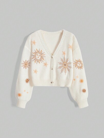 Hippie Cárdigan de suéter con bordado de sol y luna en estilo de bruja de cita misteriosa para mujer