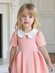 SHEIN Young Girl Collegiate Style Collar Solid Color Sweet & Charming Puff Sleeve Bow Neckline A-Line Dress, High-Quality Fabric, Comfortable Waist Ruched Design, Elegant & Simple, Cute For Party - Pink - View 1
