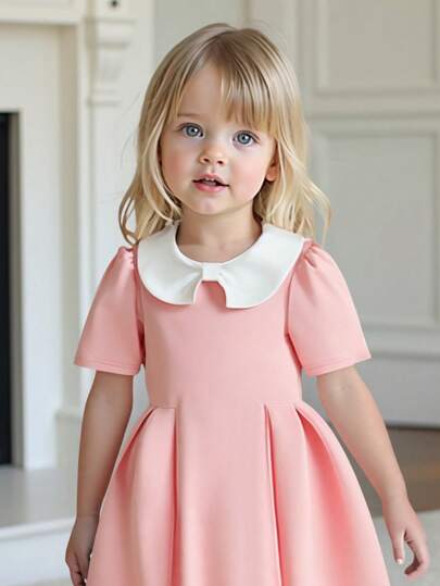 SHEIN Young Girl Collegiate Style Collar Solid Color Sweet & Charming Puff Sleeve Bow Neckline A-Line Dress, High-Quality Fabric, Comfortable Waist Ruched Design, Elegant & Simple, Cute For Party