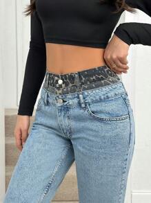 EURMUSE Low Waist Leopard Belt Mom Jean SIMPLE FASHIONABLE DAILY CASUAL - Multicolor - View 1