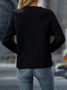 Selenza 1pc Women Fall/Winter Solid Color Drop Shoulder Long Sleeve Loose V-Neck Casual Sweater Knit Pullover - Black - View 2