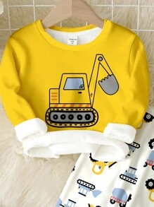 SHEIN Young Boy Casual Tight-Fitting Comfortable Thickened Crew Neck Long Sleeve Jumpsuit Featuring Cartoon Excavator Pattern, Suitable For Autumn/Winter - Multicolor - View 3