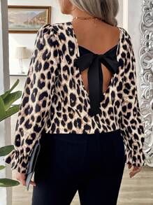 SHEIN Clasi Plus Size Fashionable Random Leopard Floral Print Round Neck Backbow Long Sleeve Shirt, Spring/Autumn Fall Cloth For Women - Multicolor - View 6
