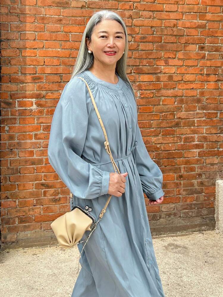 Artistic Style Round Neck Tie-Up Pleated Design Single-Breasted Button Long Dress For Women, Fall Dress Long Sleeve Dress