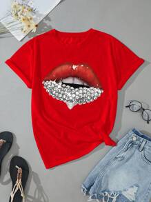 Rovax Plus Size Women Sexy Red Lips Graphic Round Neck T-Shirt, For Summer