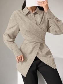 Heiryn Women's Plain Long Sleeve Casual Crossover Shirt, Autumn