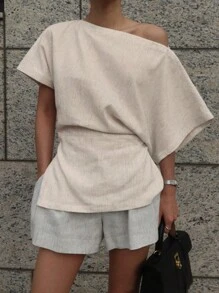 DAZY Áo sơ mi nữ tay ngắn hở vai đơn giản, trang phục thường ngày vải lanh Y2k - Màu be - Xem 5