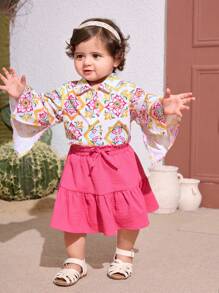 SHEIN 2 Stücke Set für Baby Mädchen, bestehend aus Langarm-Bluse mit Blumenmuster und Rock, Sommer Resort Outfit - Verschiedenfarbig - Übersicht 4