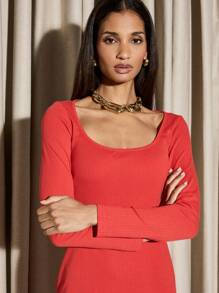 AiiRZ Elegant Ribbed Knit Maxi Dress With High Slit Bodycon Long Sleeve Square Neck Party Evening Holiday New Years Gown - Red - View 4