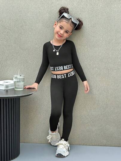 SHEIN 2pcs/Set Young Girl Letter Print Knit Crop Top And Matching Knit Legging Outfit, Sports Set,Suitable For Spring And Summer
