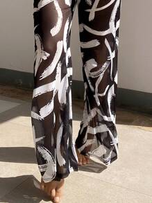 SHEIN Swim Women's Vacation Brush Print Elastic Waist Loose Coverup & Pants Set - Black and White - View 6