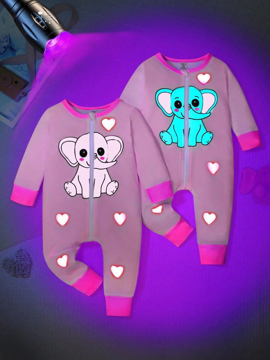 Conjunto de pijama de una pieza de manga larga con estampado de elefante lindo para niñas bebés, color rosa - Rosa - Ver 1
