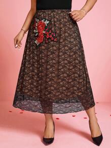 SHEIN Clasi Saia Feminina Elegante com Remendos de Renda Floral, Dia dos Namorados - Preto - Visão 4