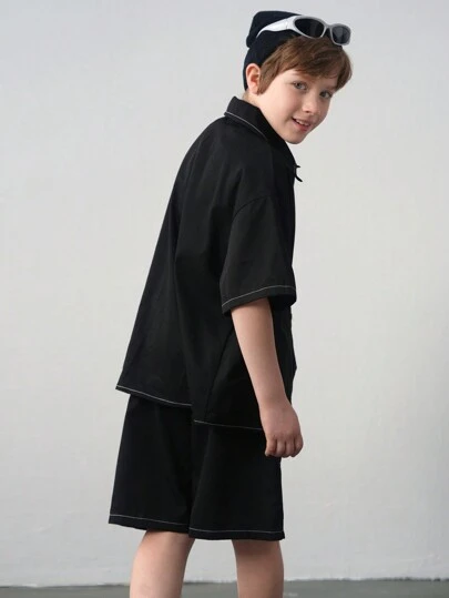 SHEIN Tween Boy 休闲韩版超大短袖外套和短裤 2 件套，适合通勤、上学、日常、运动、春夏季