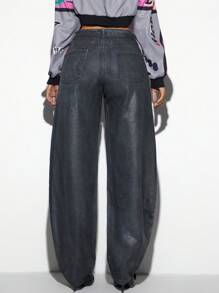 SHEIN ICON Pantalones vaqueros casuales de mujer con estilo de pantalones de plátano con revestimiento, bolsillo con botón frontal