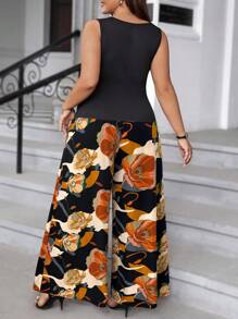 SHEIN Clasi Pantalones anchos de pierna ancha de unicolor con parches, de talla grande, sin mangas, de estilo casual simple, de estampado aleatorio para el verano