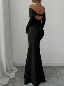 Rafferiza Petite 性感黑色正式优雅修身长袖束腰双层露肩扭背镂空鱼尾下摆罗纹针织连衣裙，女式秋冬长款女装 - 黑色 - 查看 2