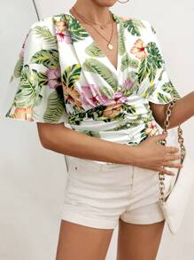 Chiquease 女士休闲热带印花抽绳衬衫，度假风格