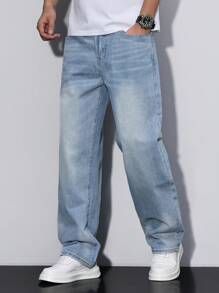 Manfinity Homme Men's Loose Fit Straight Leg Casual Jeans With Pockets - Light Wash - View 1