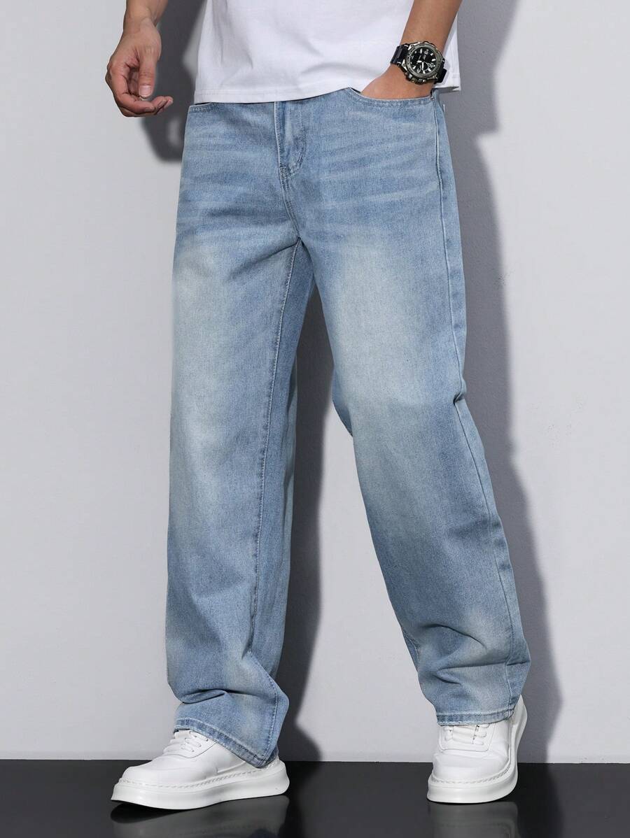 Manfinity Homme Men's Loose Fit Straight Leg Casual Jeans With Pockets - Light Wash - View 1