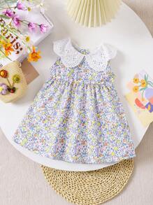 Glamorique Kids Baby Girl Cute Casual Ditsy Floral Ruffle Collar Knee Length Dress, Multicolor, Spring/Summer - Purple - View 2