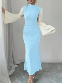 Chiquease Women's Elegant Contrast Color Block Flare Sleeves Stand Collar Mermaid Dress