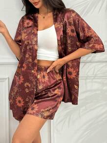 Women Floral Print Short Sleeve Robe And Shorts Pajama Set - Red - View 1