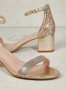 SHUZIA 畅销女士水钻装饰露趾粗跟水钻浅金色派对凉鞋 - 奢华魅力、闪亮优雅的春季鞋 - 金色 - 查看 3