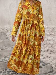 SHEIN LUNE Tie-Front Neck Loose Fit Printed Dress Maxi Women Outfit