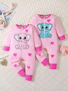 Conjunto de pijama de una pieza de manga larga con estampado de elefante lindo para niñas bebés, color rosa - Rosa - Ver 3