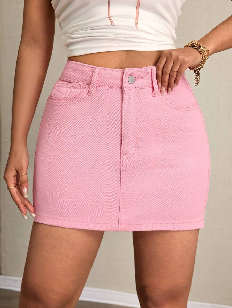 SHEIN EZwear Casual Pink Denim Mini Skort For Women With Plain Pattern And Zipper Closure - Pink - View 1