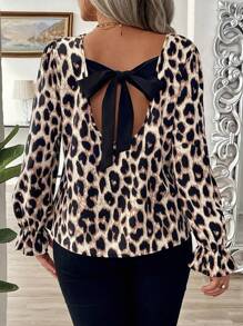 SHEIN Clasi Plus Size Fashionable Random Leopard Floral Print Round Neck Backbow Long Sleeve Shirt, Spring/Autumn Fall Cloth For Women - Multicolor - View 2