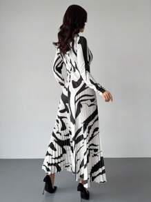 Firerie Women Elegant Autumn/Spring New Pleated Geometric Pattern A-Line Long Sleeve Bodycon Long Dress For Going Out,Teacher,Valentine's Day