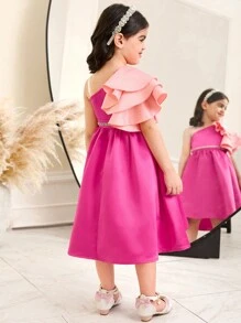 SHEIN Young Girl Woven Contrast Color Ruffle Trim Snug Fit Cami Dress