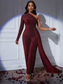 Slaydiva 圣诞节和情人节新款华丽优雅宴会单间不对称腰部直筒亮丝墨绿色秋冬超长裤女连体裤 - 中紫紅色 - 查看 3