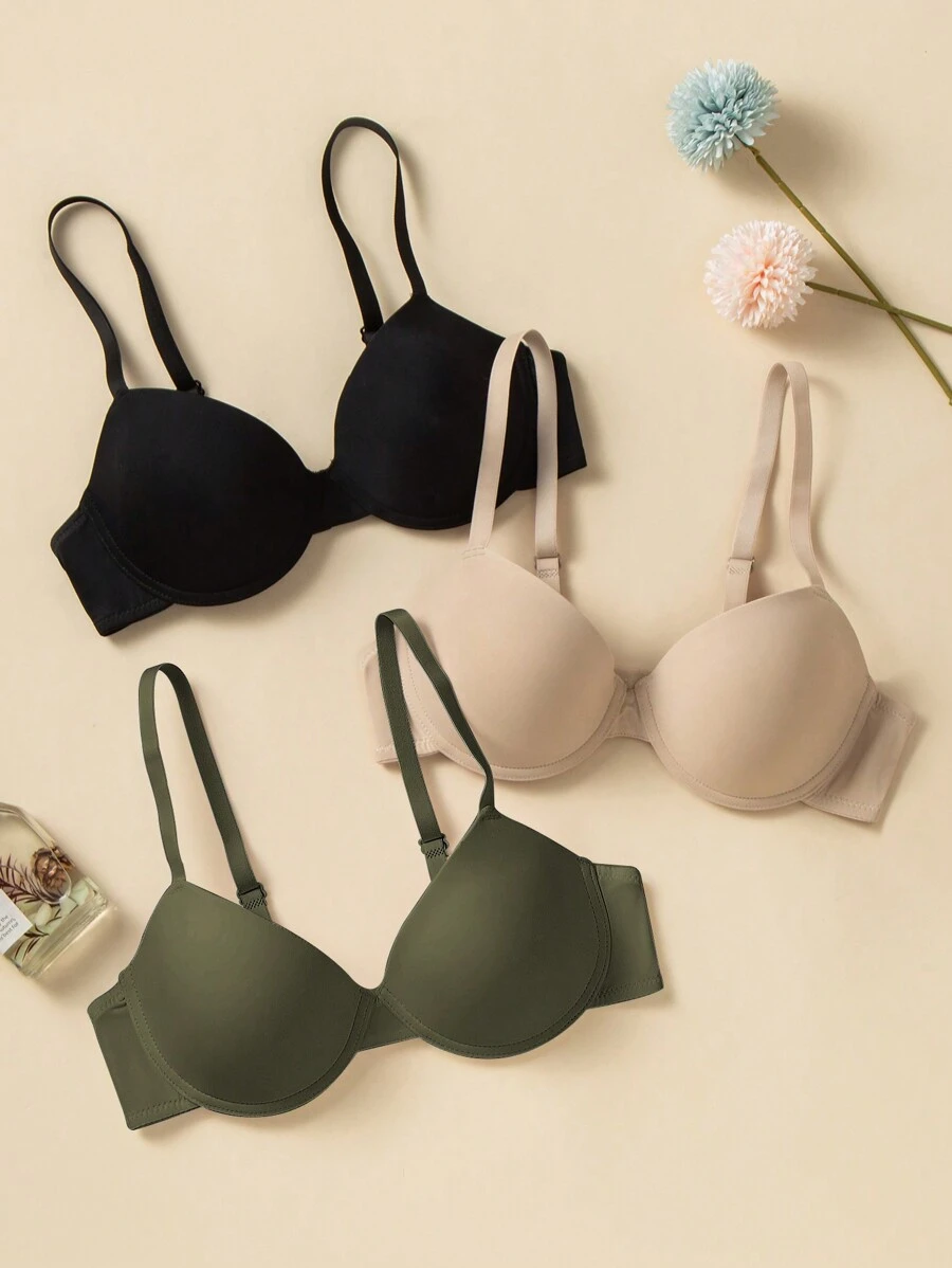 DesireSculpt 3-Piece Set Women Solid Color Spaghetti Strap Simple Casual Underwear Bra With Underwire - Multicolor - View 1