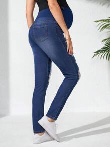 SHEIN Maternity Distressed Skinny Stretchy Denim Jeggings - Dark Wash - View 2